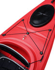 Cockpit view of the Cambridge Kayaks touring kayak in red, featuring ergonomic cockpit with comfortable molded seat.