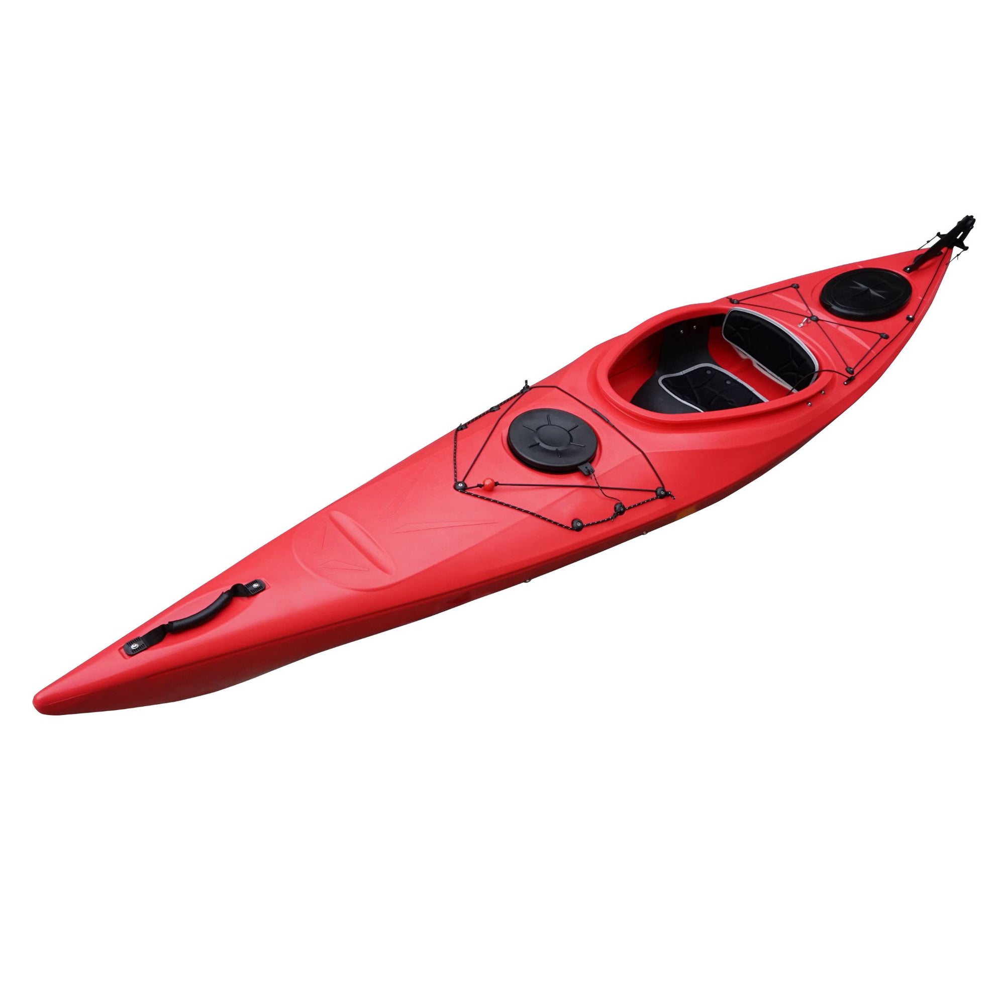 Deck detail of the Cambridge Kayaks touring kayak in red, showing hatch fittings, carry handles, and safety deck lines.