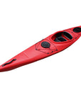Deck detail of the Cambridge Kayaks touring kayak in red, showing hatch fittings, carry handles, and safety deck lines.