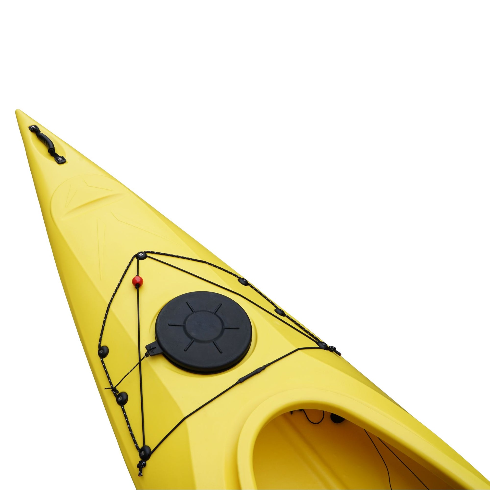 Cockpit view of the Cambridge Kayaks touring kayak in yellow, featuring roomy seat, hatch opening, and strong deck fittings.