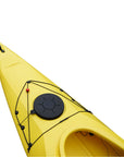 Cockpit view of the Cambridge Kayaks touring kayak in yellow, featuring roomy seat, hatch opening, and strong deck fittings.