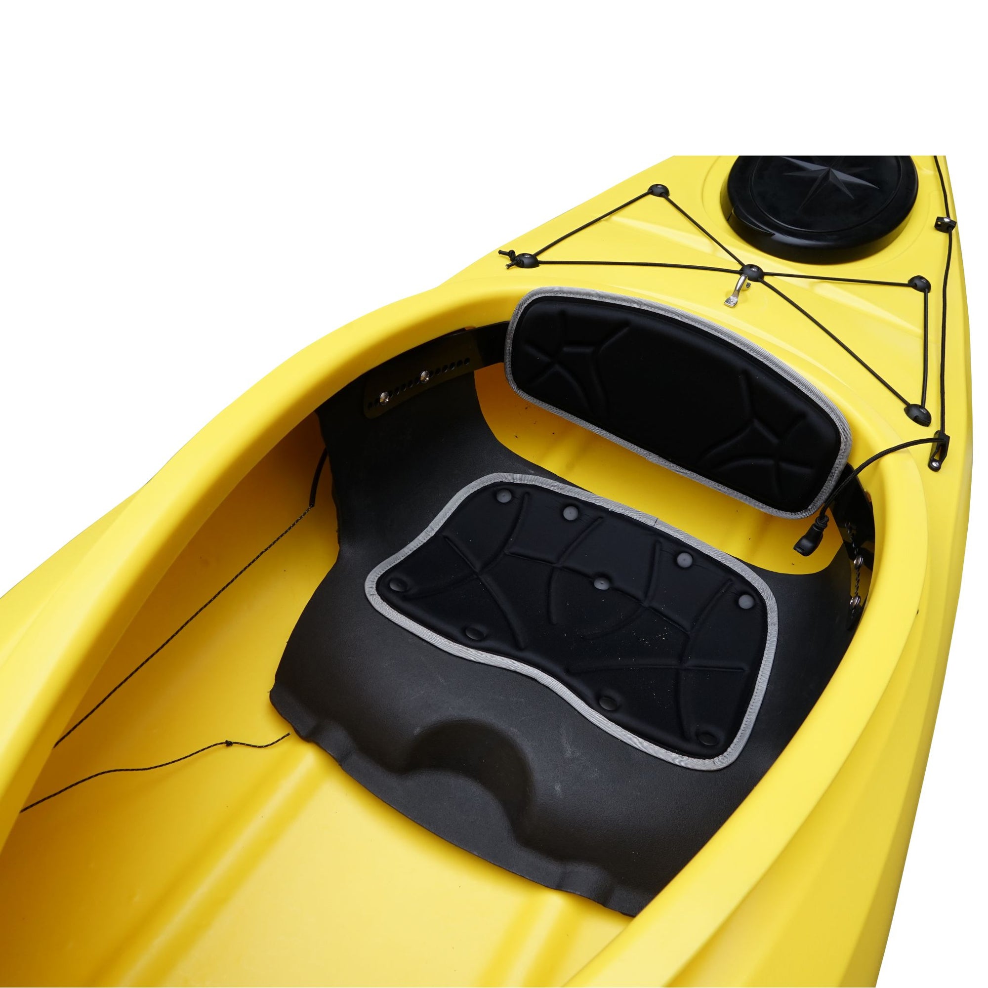 Deck detail of the Cambridge Kayaks touring kayak in yellow, highlighting watertight hatches and safety rigging cords.