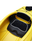 Deck detail of the Cambridge Kayaks touring kayak in yellow, highlighting watertight hatches and safety rigging cords.