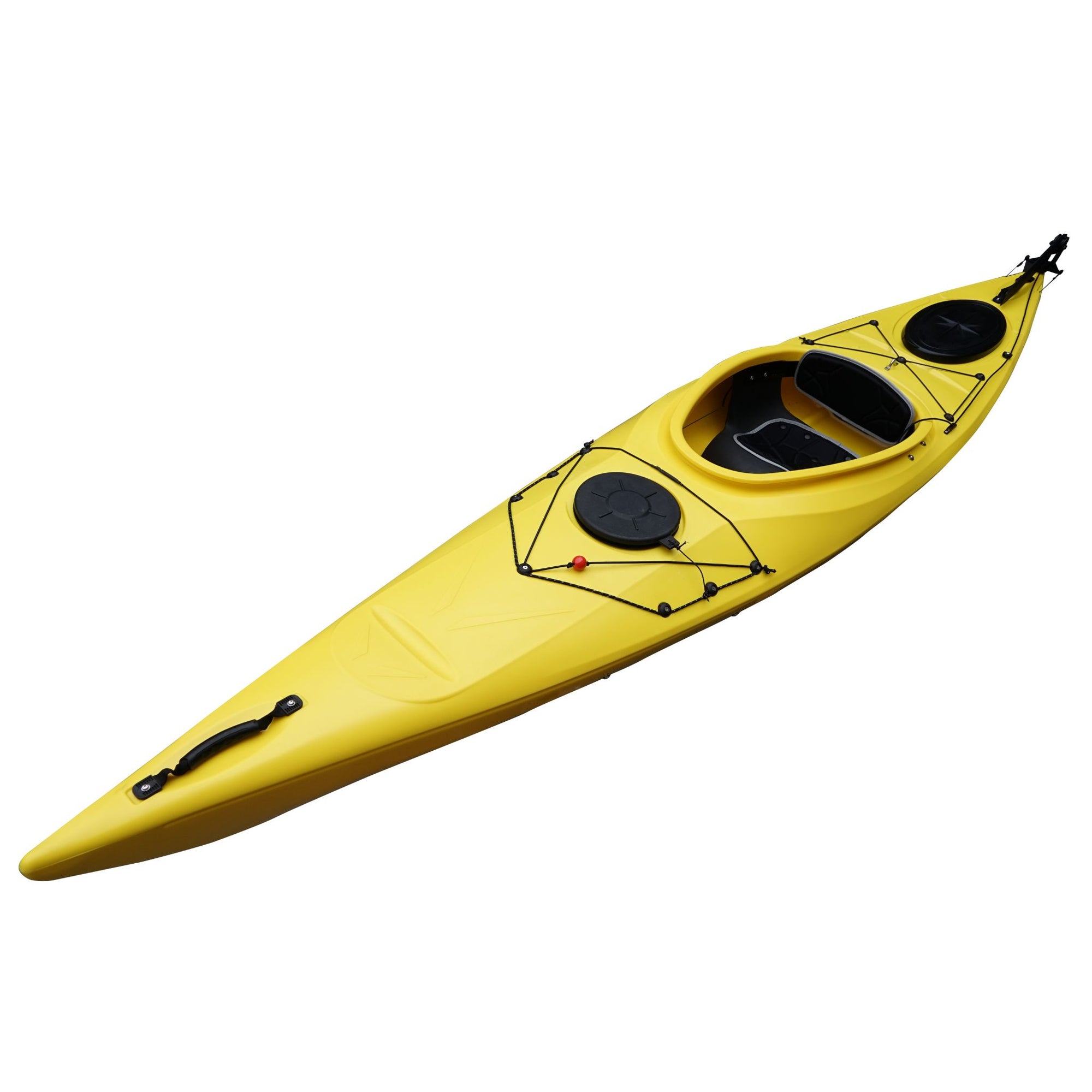 Cambridge Kayaks touring kayak in yellow, front angled view with bright finish for high visibility and long-distance touring.