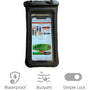 Front view of the Cambridge Kayaks waterproof phone case in black, displaying a smartphone inside the transparent pouch. Features a simple lock system, fully sealed waterproof protection, and buoyant design ideal for kayaking or paddleboarding.