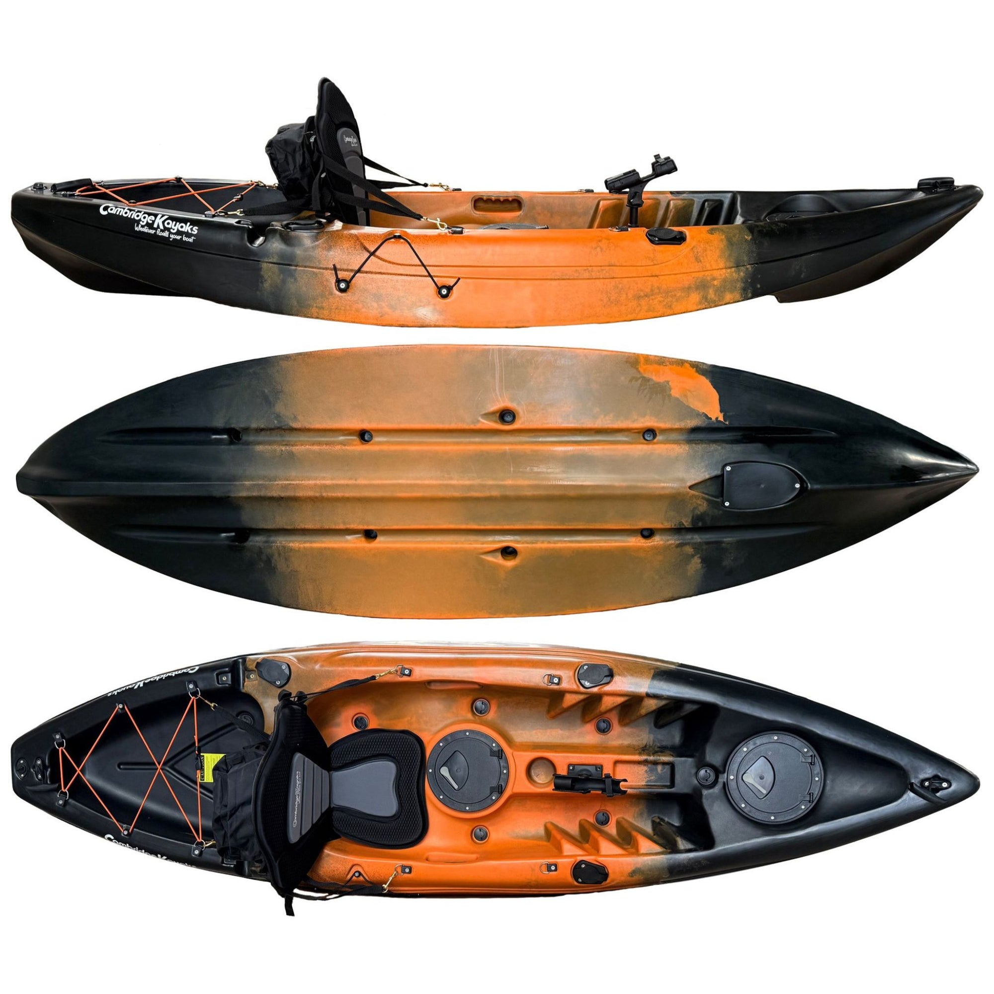 Cambridge Kayaks Zander single sit on top kayak in orange black fade, durable recreational kayak for sea, river and adventure use