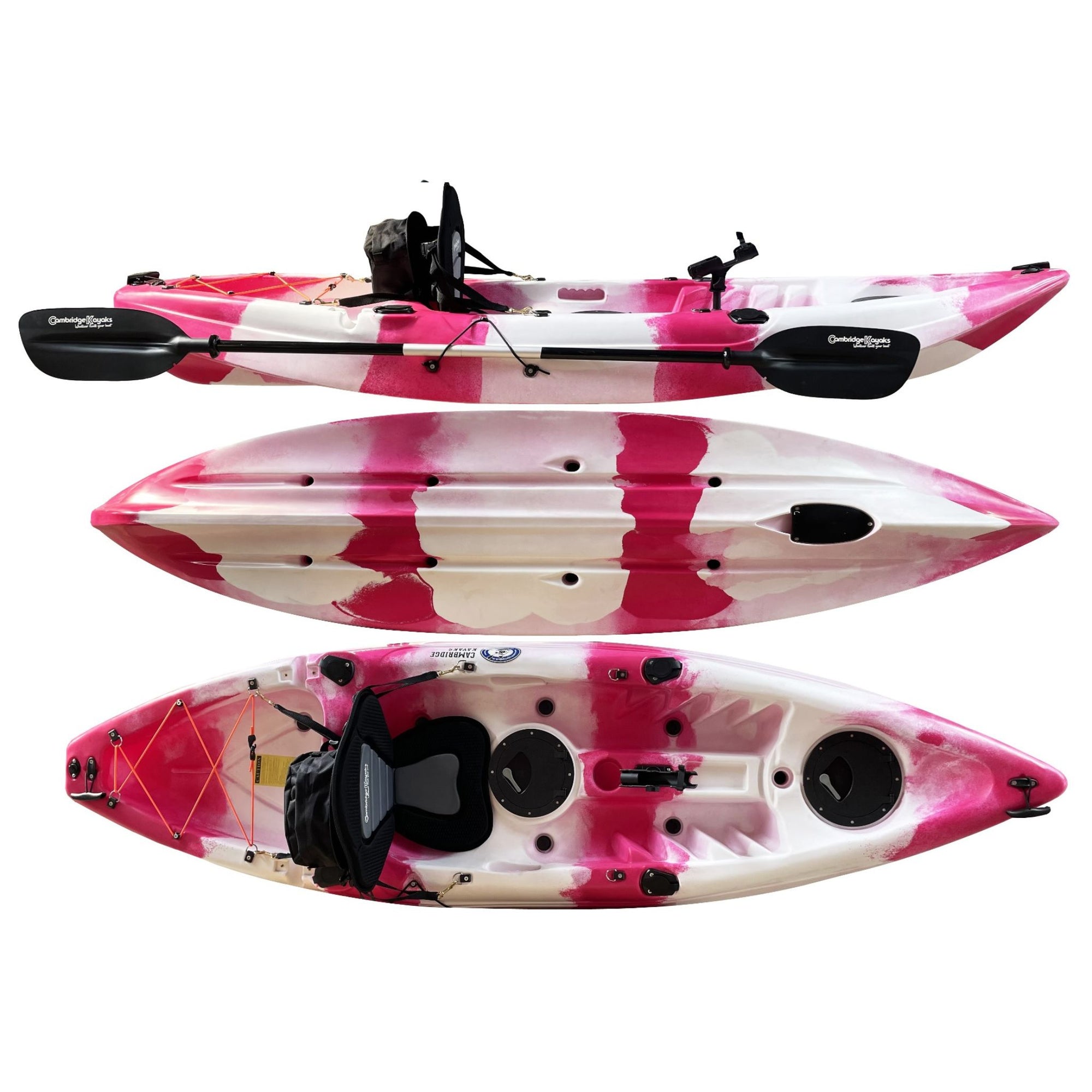 Cambridge Kayaks Zander single sit on top kayak in pink camo, colourful and fun design for family kayaking, leisure paddling and fitness