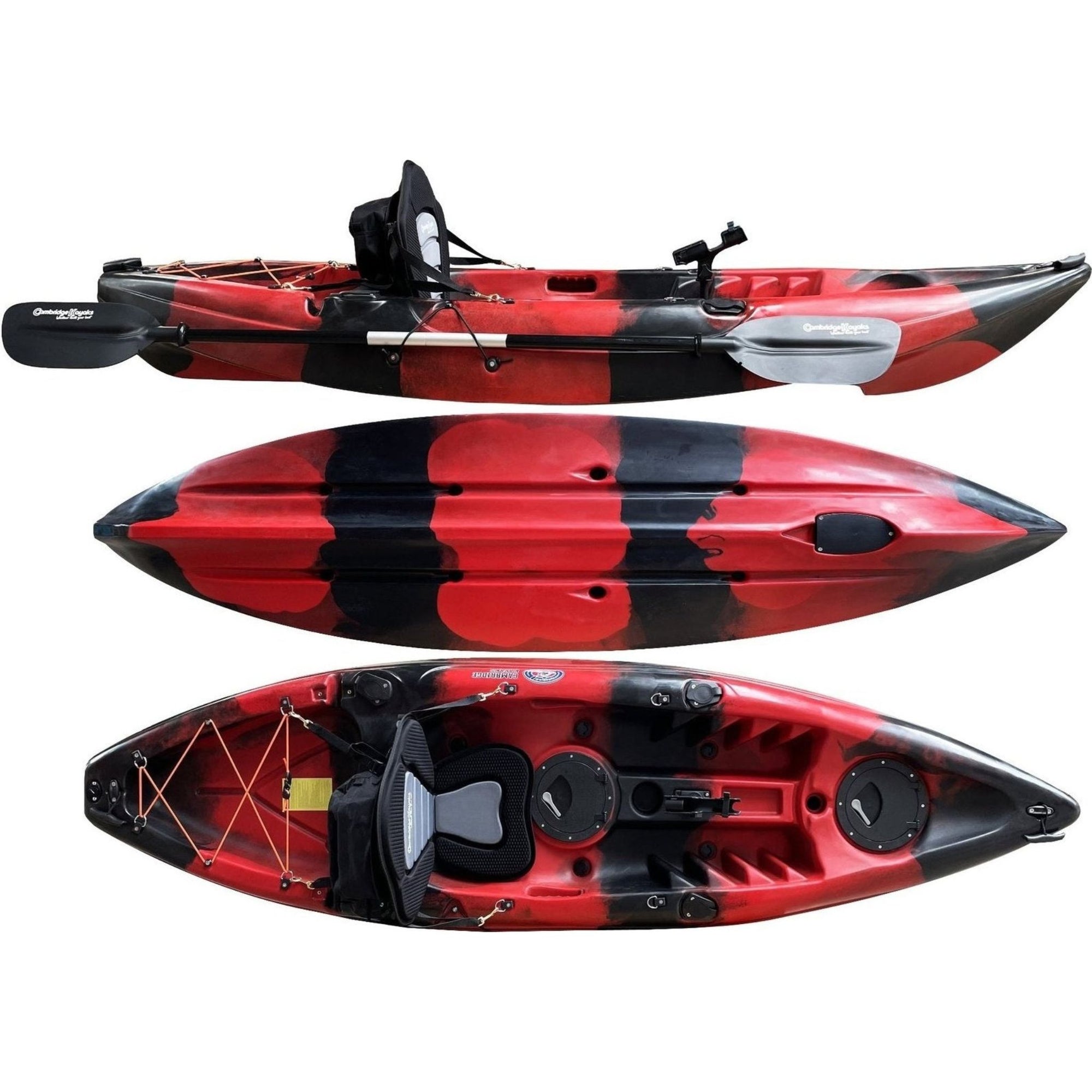Cambridge Kayaks Zander single sit on top kayak in red with black stripe camo, durable kayak for fishing, touring and family use
