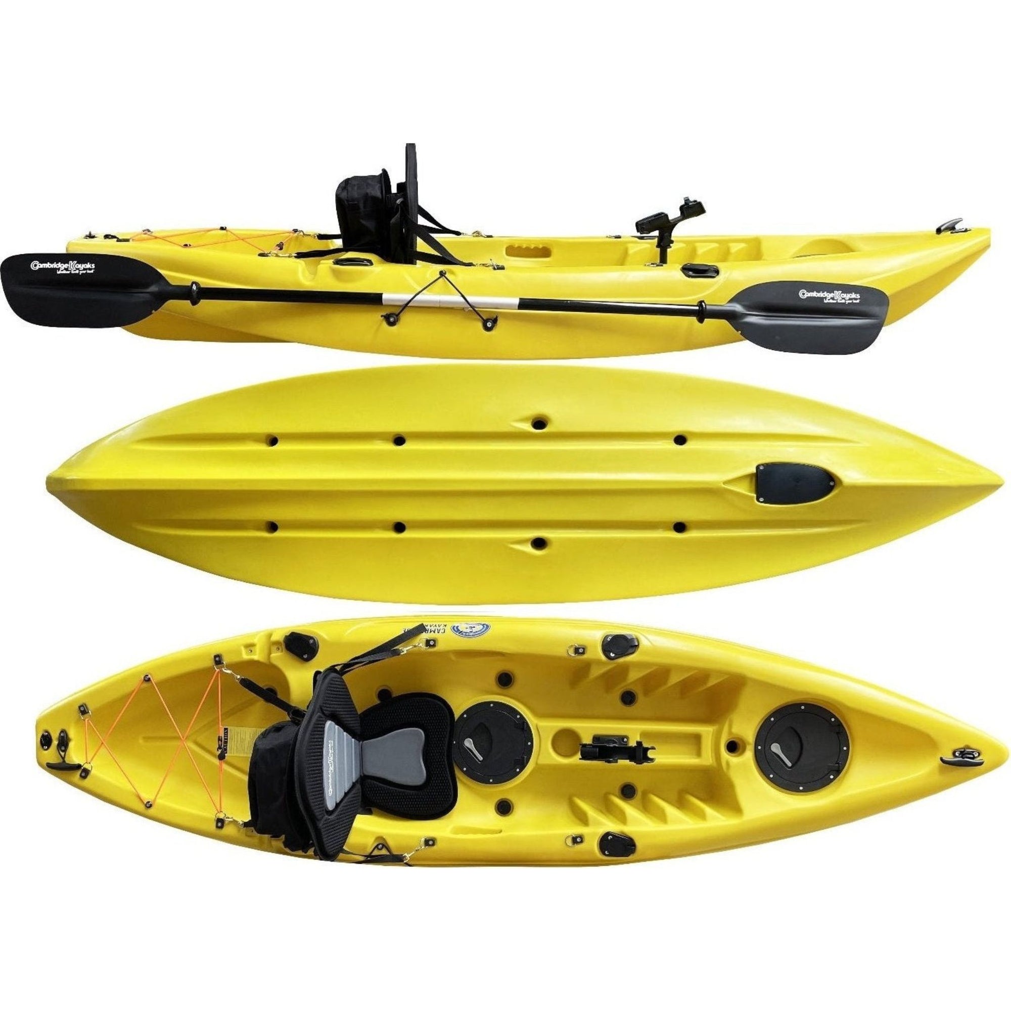 Cambridge Kayaks Zander single sit on top kayak in solid yellow, compact sit on top kayak with footrests and storage for recreational use