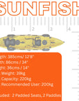 Dimensions diagram for Cambridge Kayaks Sun Fish double sit on top fishing kayak, highlighting length, width, weight and storage layout