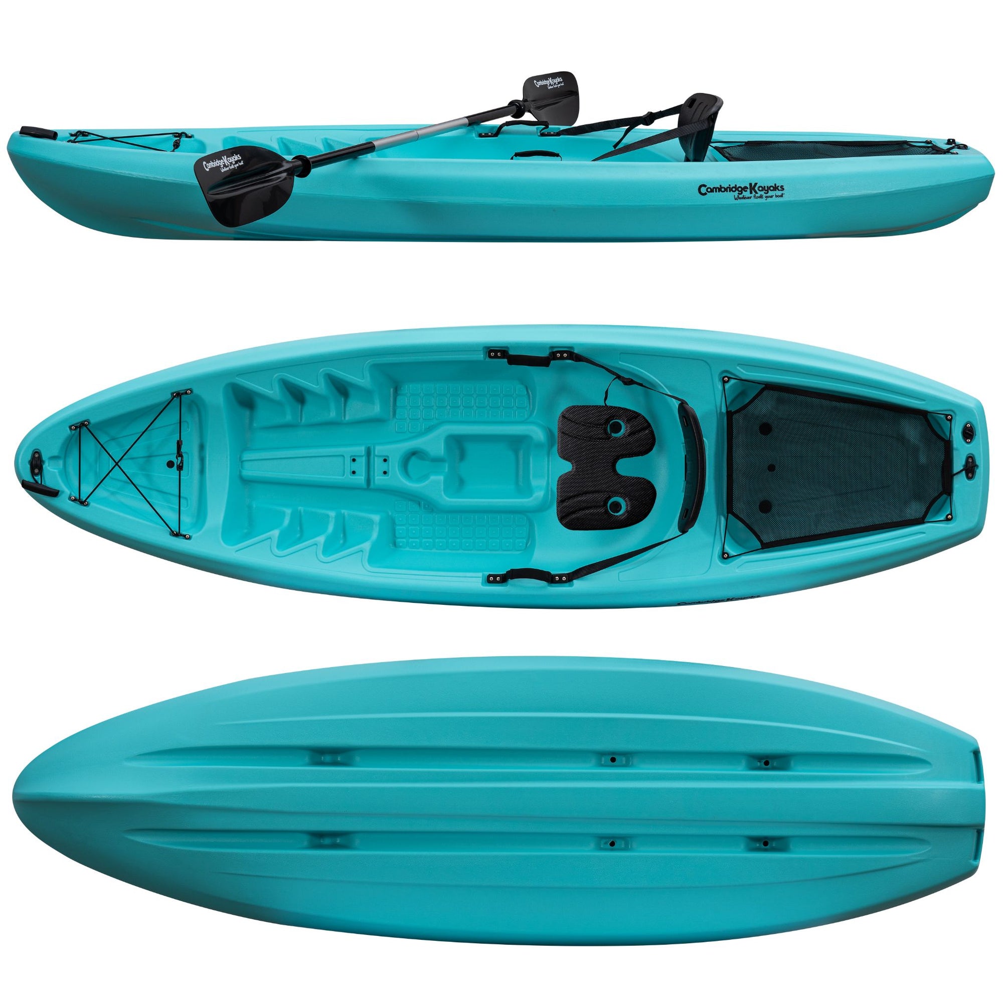 Light blue sit-on-top single kayak showing top and bottom views. Durable recreational kayak ideal for beginners and leisure paddling on lakes, rivers, and coastal waters.