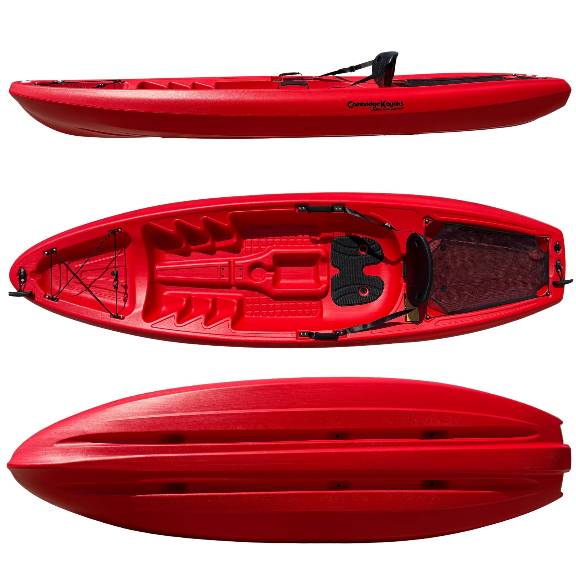 Red Cambridge Kayaks Pilgrim I single sit on top kayak full side profile, compact lightweight kayak for recreational paddling, beginners, and teenagers.