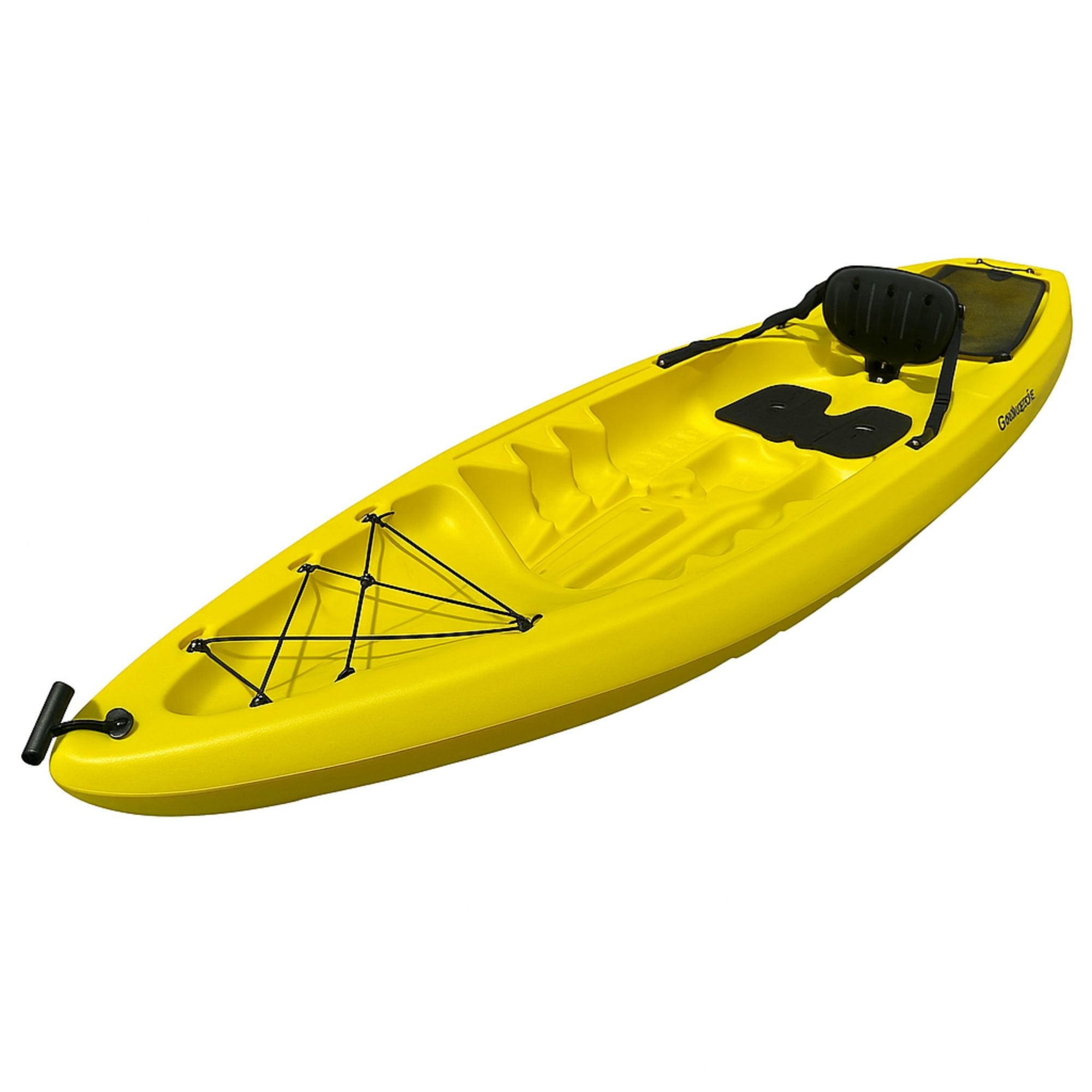 Front angled view of yellow Cambridge Kayaks Pilgrim I single sit on top kayak, durable compact sit on top kayak for family fun and recreational use.