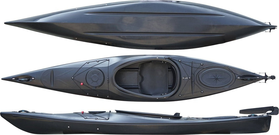 Top, side and underside view of the 350 touring manufactured by Cambridge kayaks in Black