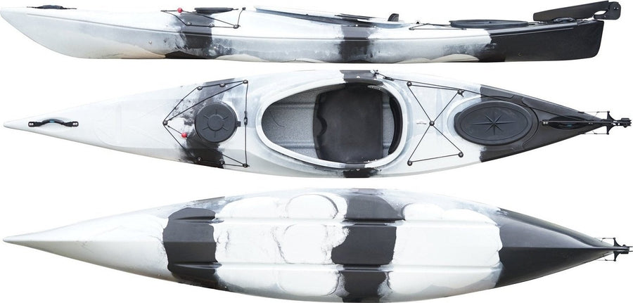 Top, side and underside view of the 350 touring manufactured by Cambridge kayaks in Black and White
