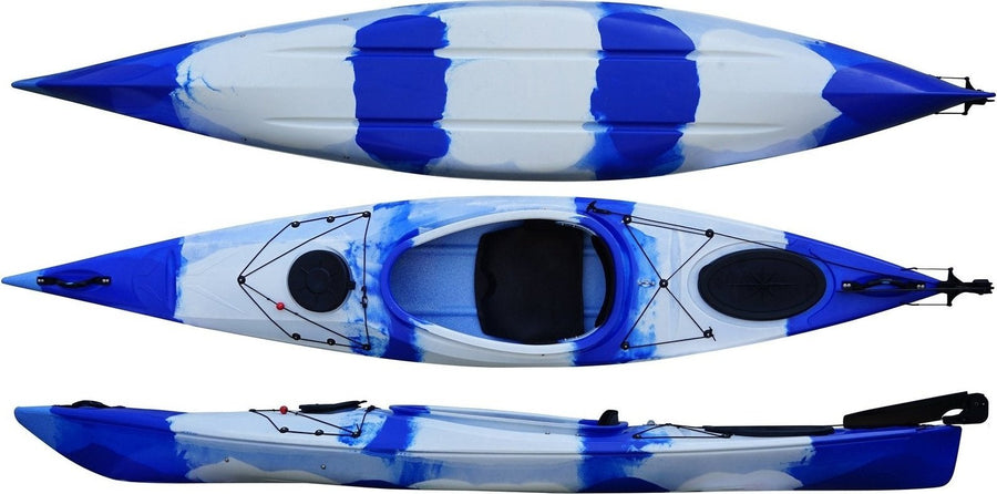 Top, side and underside view of the 350 touring manufactured by Cambridge kayaks in Blue and White