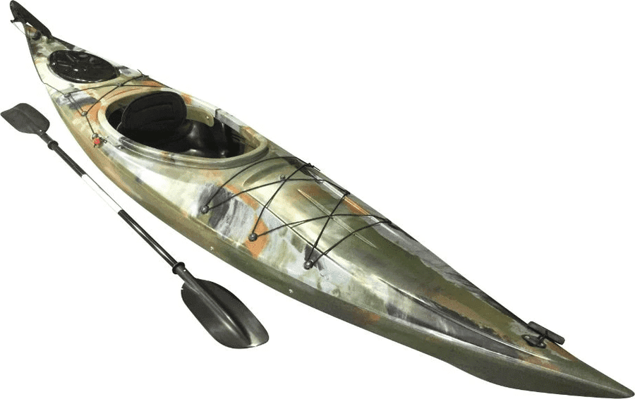 Angled view of the 350 touring manufactured by Cambridge kayaks in Jungle Camo
