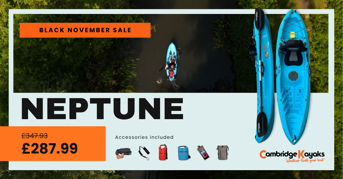 Cambridge Kayaks Neptune kayak with accessories on a promotional banner for Black November Sale.