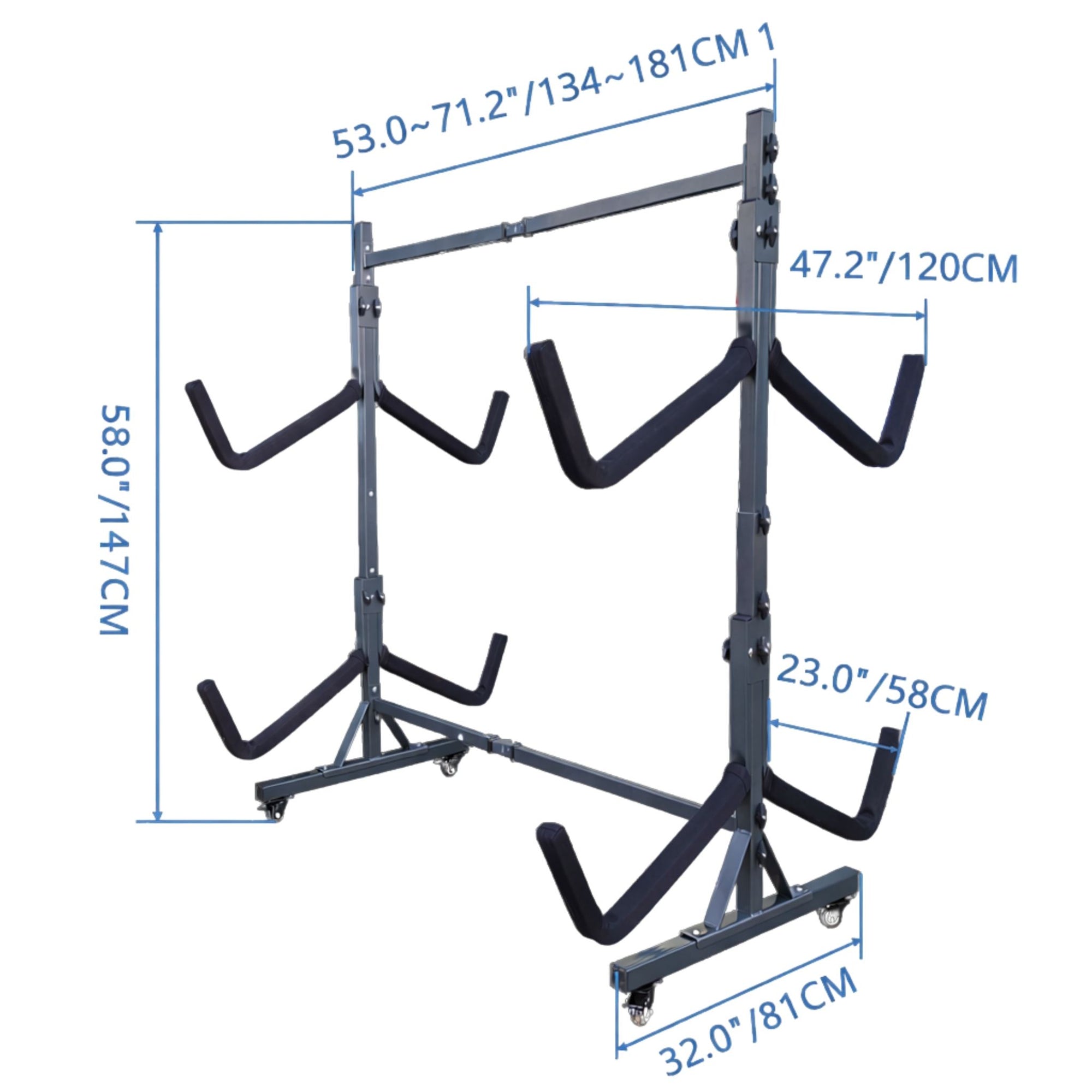 Detailed measurement diagram of four kayak freestanding storage rack showing overall height, total width, adjustable arm spacing, and base footprint dimensions for installation and space planning