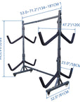 Detailed measurement diagram of four kayak freestanding storage rack showing overall height, total width, adjustable arm spacing, and base footprint dimensions for installation and space planning