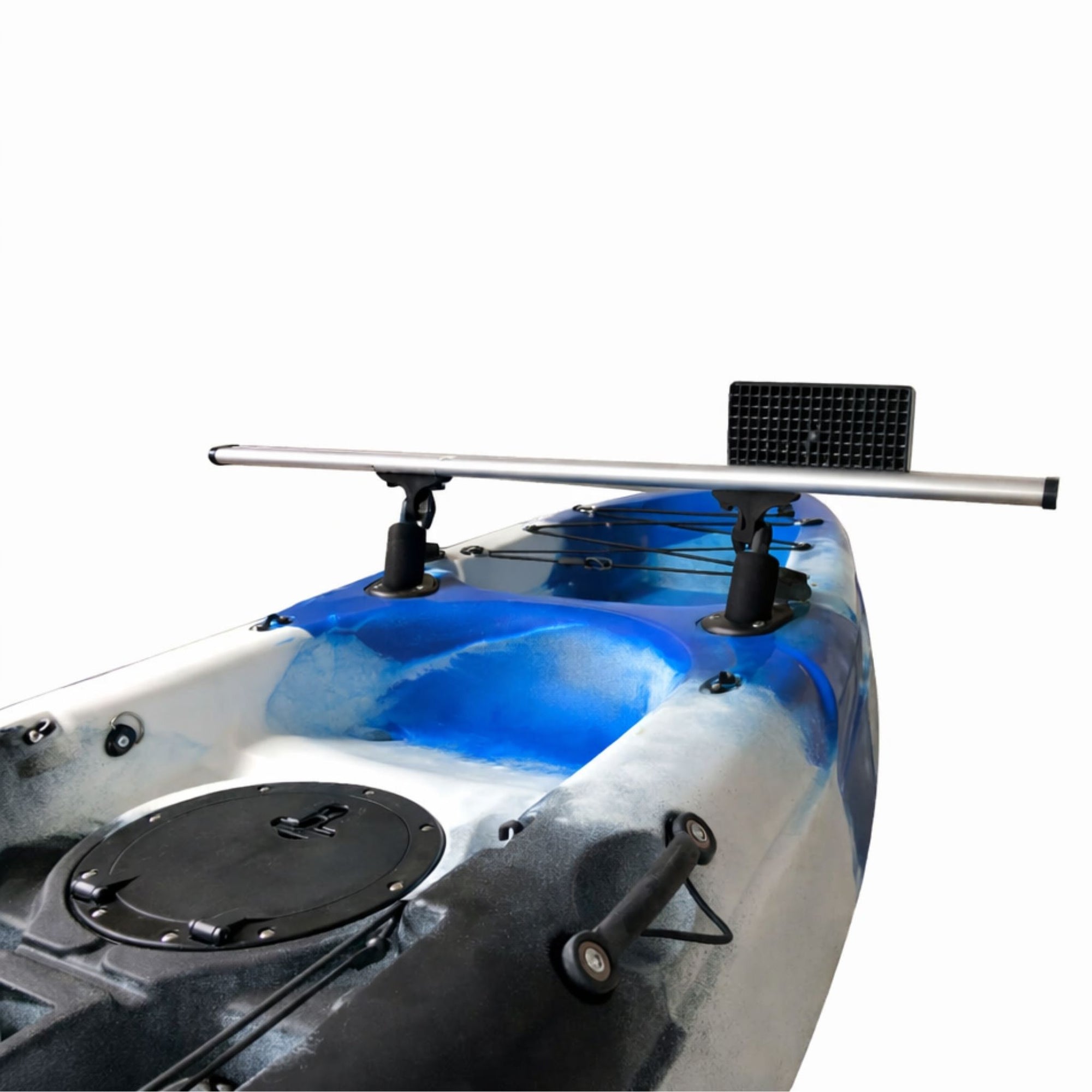 Adjustable aluminum kayak outrigger crossbar with dual mounting arms and corrosion resistant hardware designed to securely support stabilizer pontoons and evenly distribute weight across the kayak