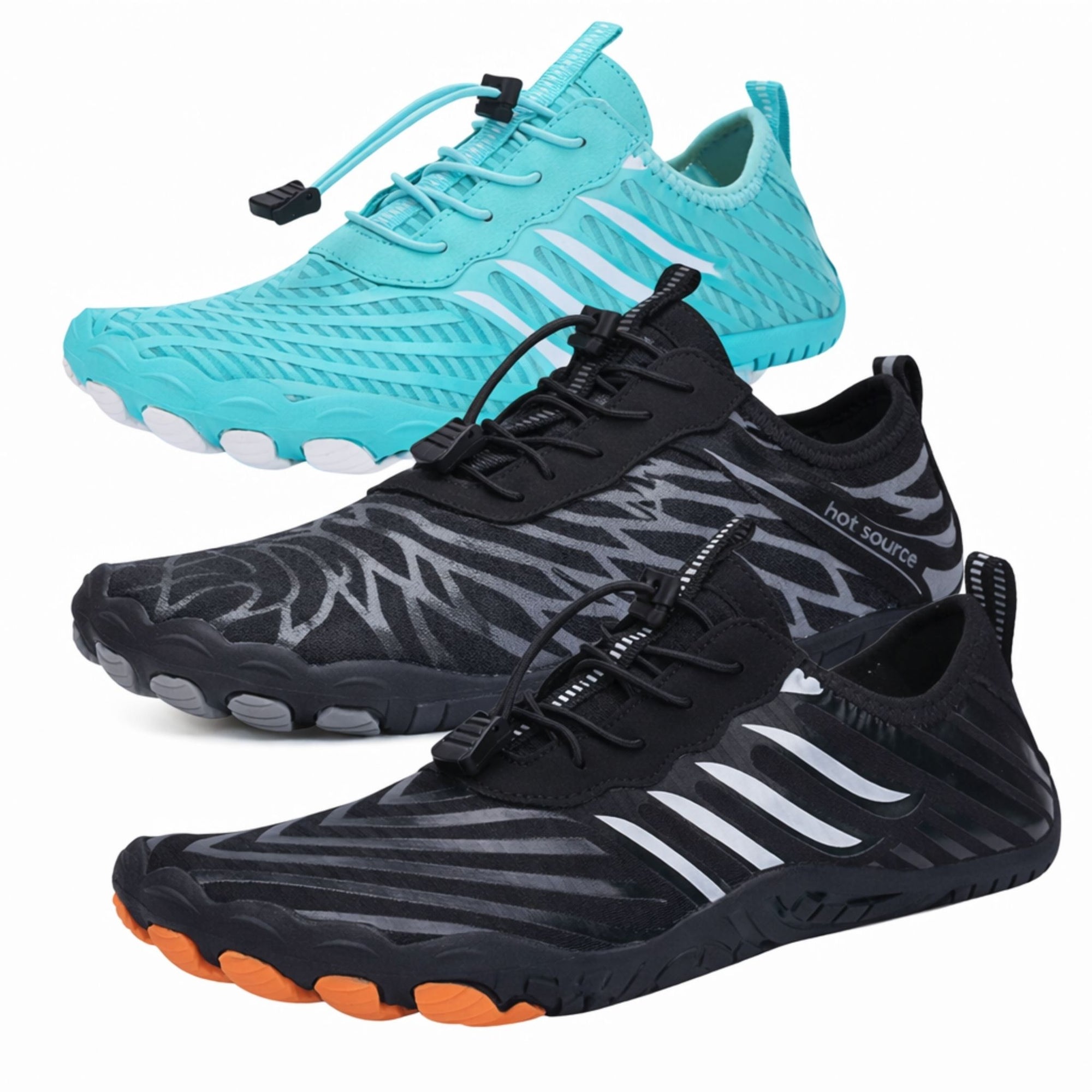 Mens and womens aqua shoes in multiple colours including black and blue designed for beach, swimming and water sports