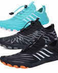 Mens and womens aqua shoes in multiple colours including black and blue designed for beach, swimming and water sports