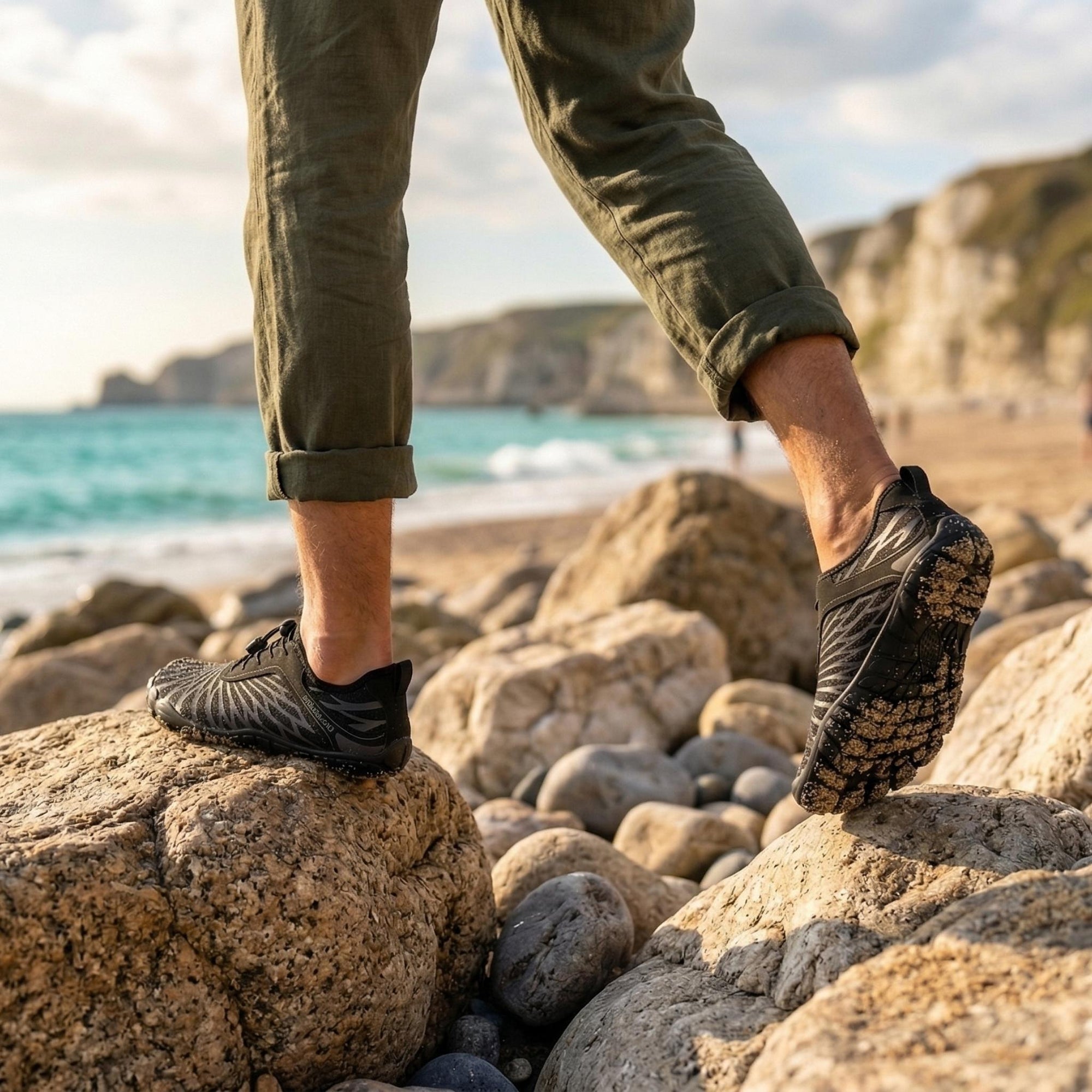 Person wearing aqua shoes walking on rocky beach showing strong grip and non slip performance on wet surfaces