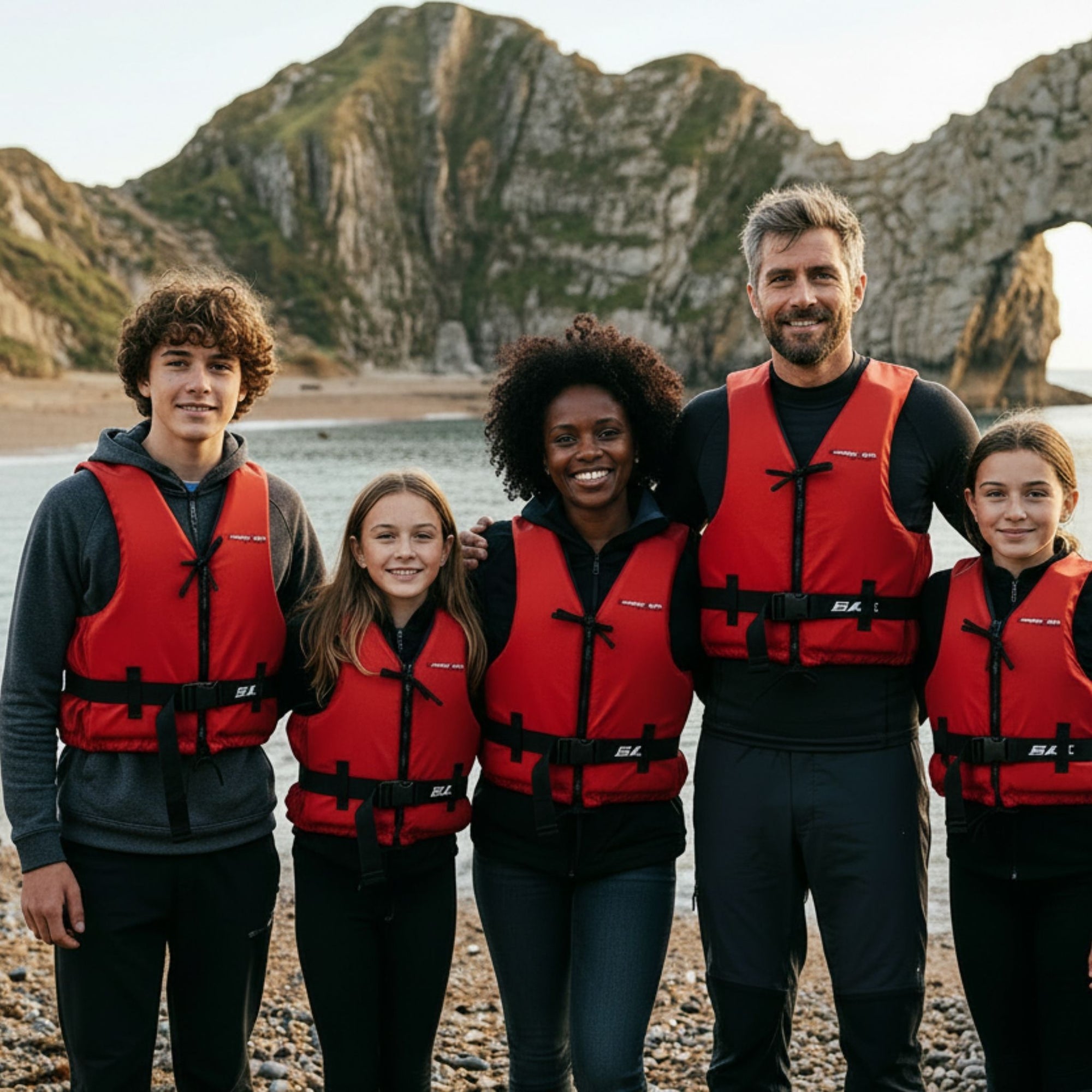 Family wearing Baltic Aqua Pro buoyancy aids in red standing on a beach before kayaking