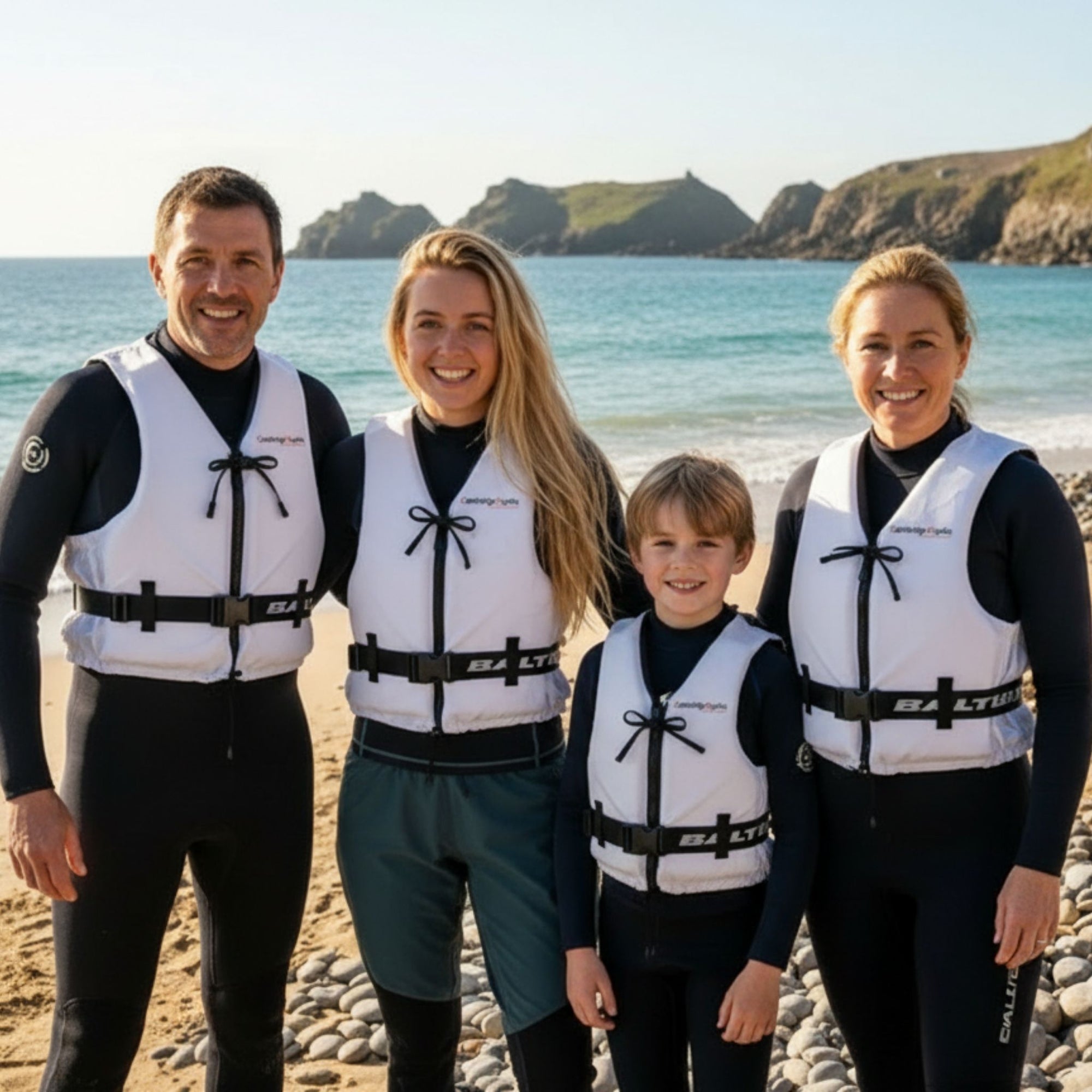 Family wearing Baltic Aqua Pro buoyancy aids on a beach ready for kayaking