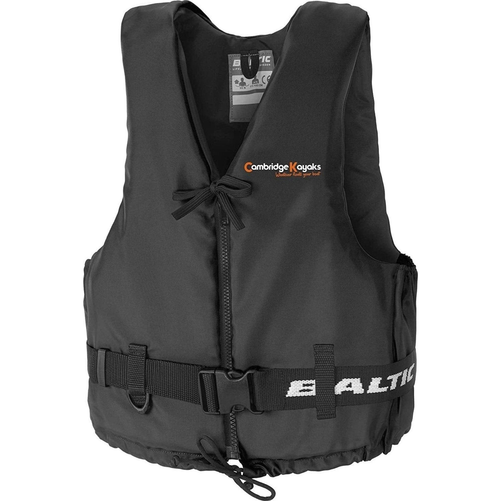 Front view of a black buoyancy aid with visible logo and strong adjustable buckle strap.