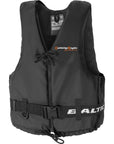 Front view of a black buoyancy aid with visible logo and strong adjustable buckle strap.