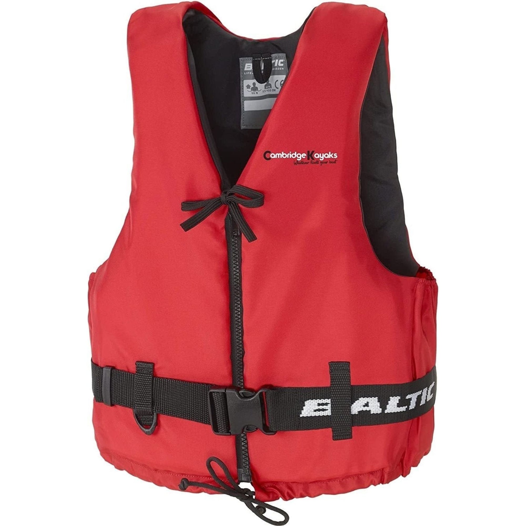 Side angled view of the red buoyancy aid showing the adjustable waist belt and durable stitched seams.