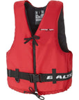 Side angled view of the red buoyancy aid showing the adjustable waist belt and durable stitched seams.
