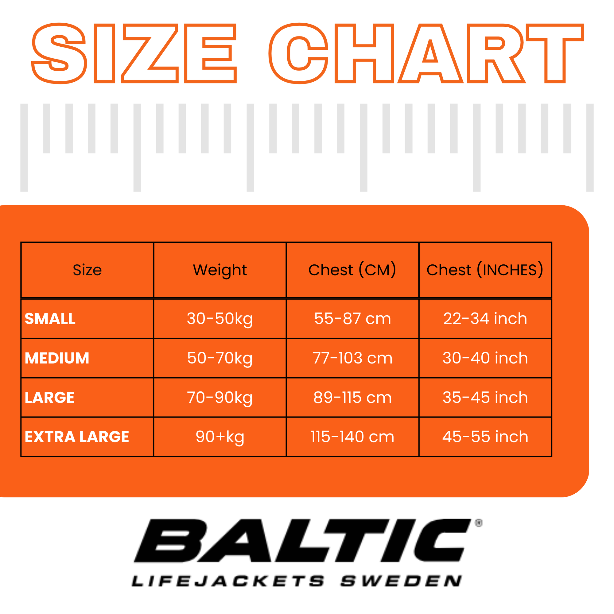 Printed size chart showing measurements and buoyancy ratings for the buoyancy aid.