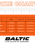Printed size chart showing measurements and buoyancy ratings for the buoyancy aid.