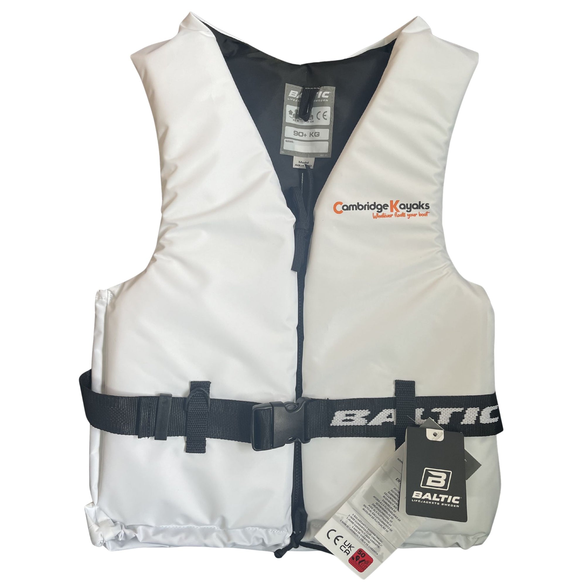 Back view of the white buoyancy aid showing adjustable belt strap and full panel support.