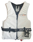 Back view of the white buoyancy aid showing adjustable belt strap and full panel support.