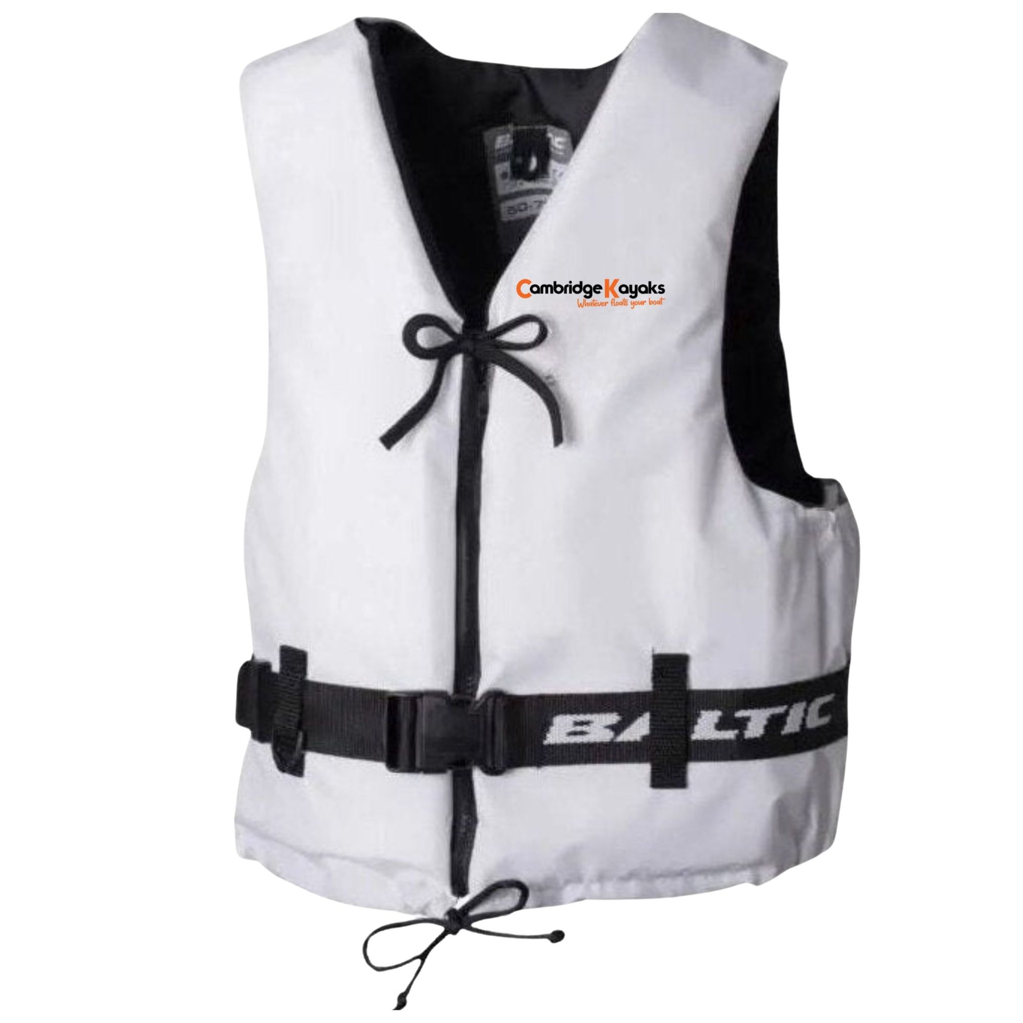 Front view of a white buoyancy aid with black tie cords and waist strap, designed for comfort and mobility.