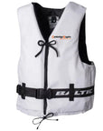 Front view of a white buoyancy aid with black tie cords and waist strap, designed for comfort and mobility.
