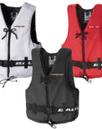 Front grouped view showing white, red, and black buoyancy aids together, each with zip closures, adjustable waist straps, and safety tie cords.