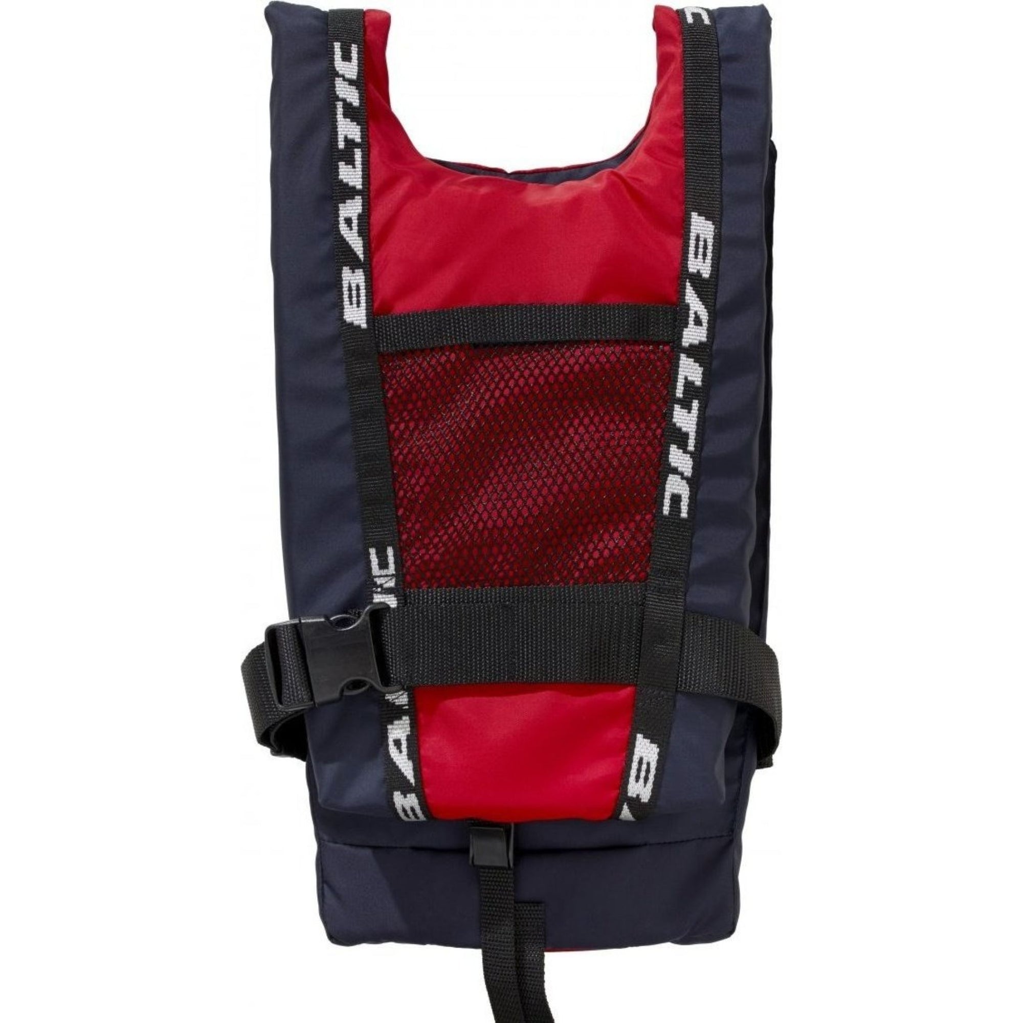 Front view of a Baltic canoe buoyancy aid in red and navy, featuring a durable front mesh panel for breathability, black adjustable waist and crotch straps for a secure fit, reinforced shoulder straps with bold “Baltic” branding, and a contoured shape designed for comfort and freedom of movement on the water.