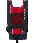 Front view of a Baltic canoe buoyancy aid in red and navy, featuring a durable front mesh panel for breathability, black adjustable waist and crotch straps for a secure fit, reinforced shoulder straps with bold “Baltic” branding, and a contoured shape designed for comfort and freedom of movement on the water.