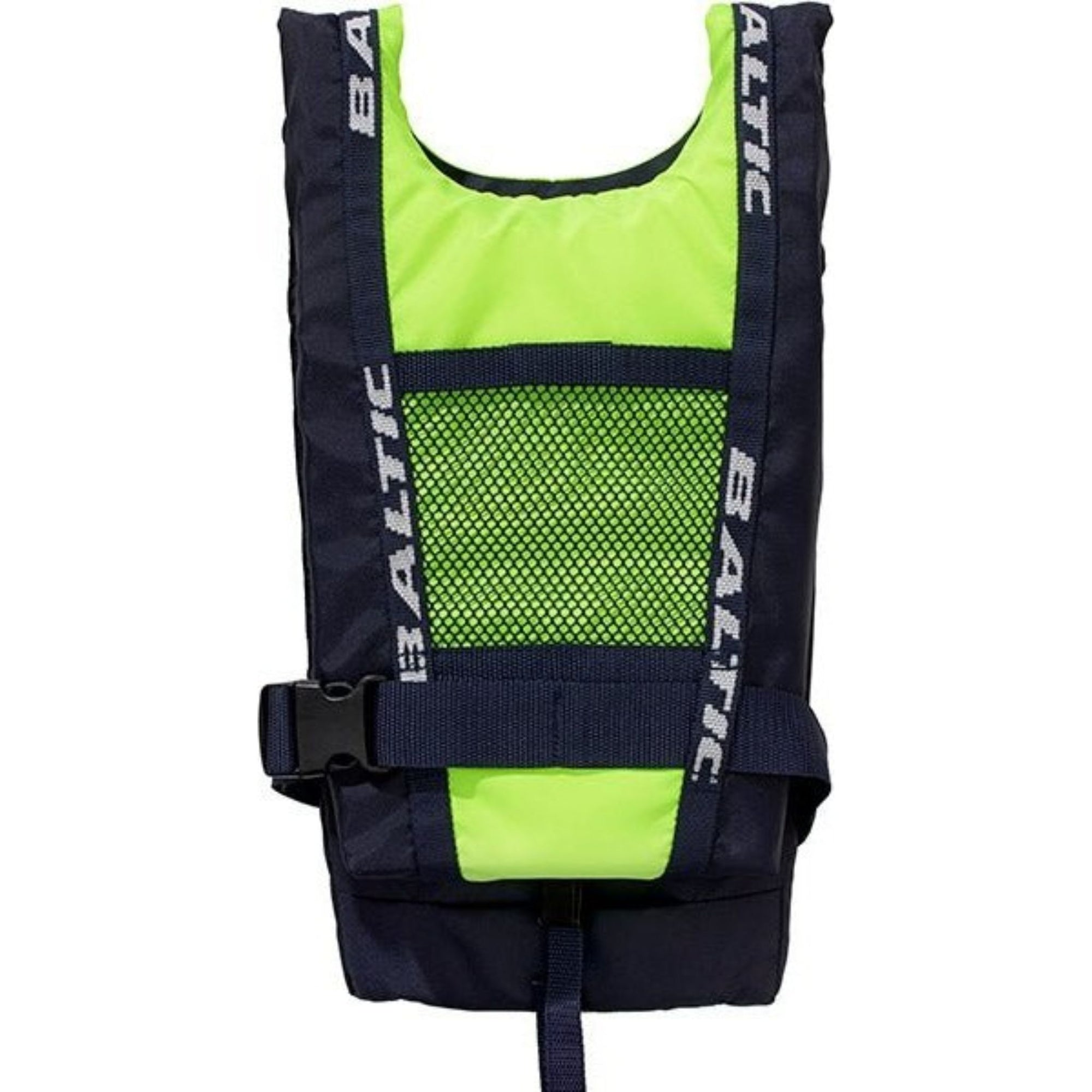 Rear view of the Baltic buoyancy aid in yellow and navy, highlighting the adjustable safety belt, reinforced stitching for durability, and ergonomic back panel for improved posture and support during paddling or kayaking.