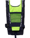 Rear view of the Baltic buoyancy aid in yellow and navy, highlighting the adjustable safety belt, reinforced stitching for durability, and ergonomic back panel for improved posture and support during paddling or kayaking.