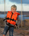 Close up of Baltic 100N kids life jacket showing strong front zip and safety stitching