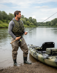 Angler wearing Baltic Outdoor camo green buoyancy aid while preparing fishing kayak and casting rod on a quiet riverbank