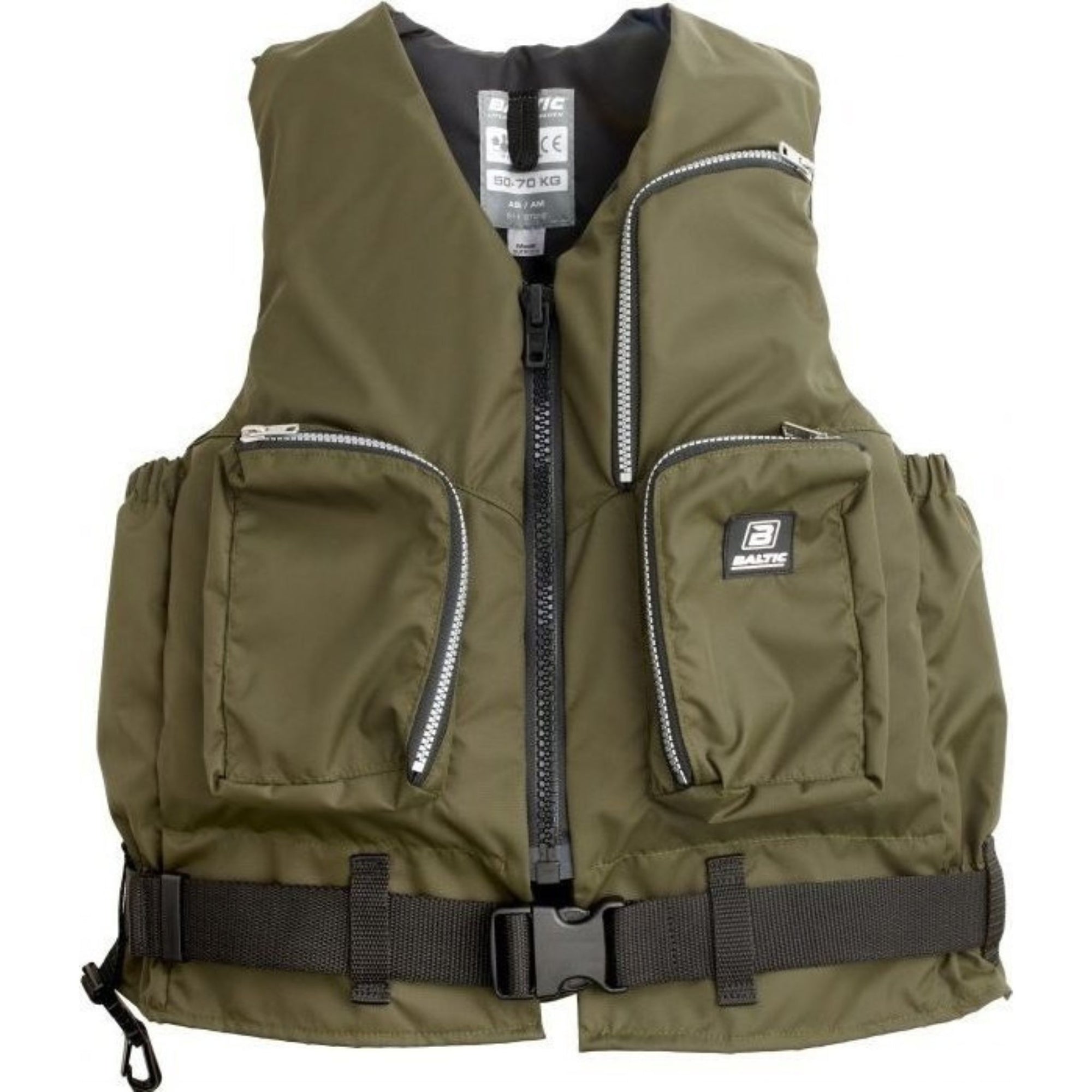Front view of the Baltic Outdoor Camo Green buoyancy aid in olive colour, featuring two large front zip pockets, reflective piping, and an adjustable black waist strap for a secure fit during kayaking or canoeing.