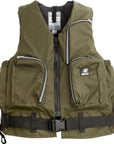 Front view of the Baltic Outdoor Camo Green buoyancy aid in olive colour, featuring two large front zip pockets, reflective piping, and an adjustable black waist strap for a secure fit during kayaking or canoeing.