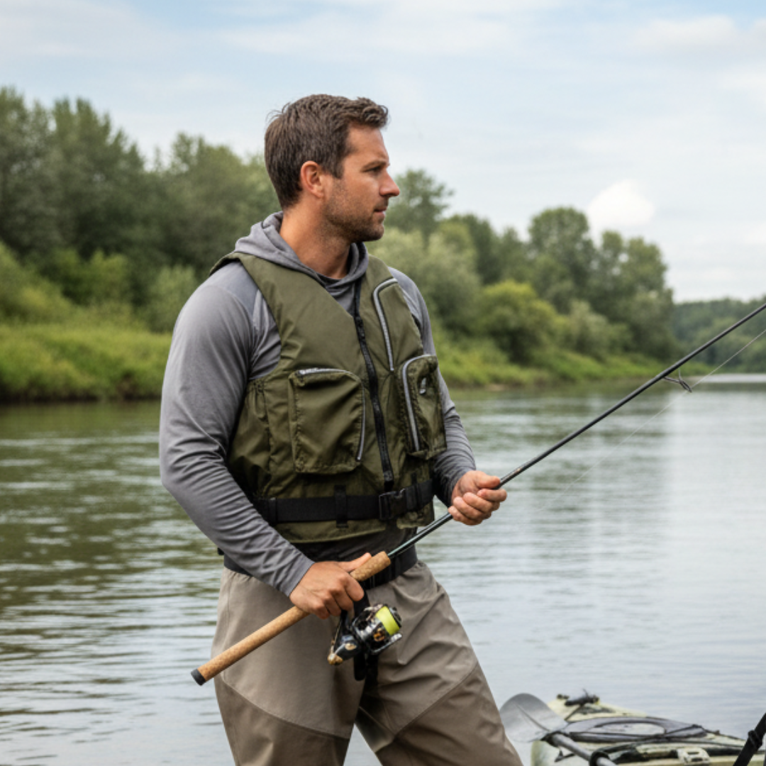 Male angler wearing Baltic Outdoor camo green buoyancy aid with multiple zipped fishing pockets while standing beside a fishing kayak on a calm riverbank